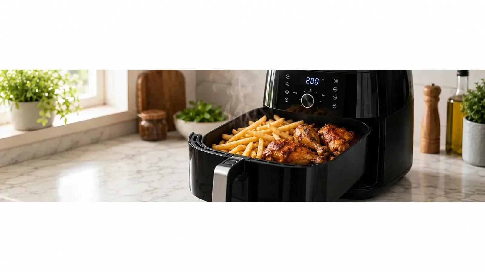 Air fryer ligada sobre bancada de cozinha ao lado de um medidor de energia