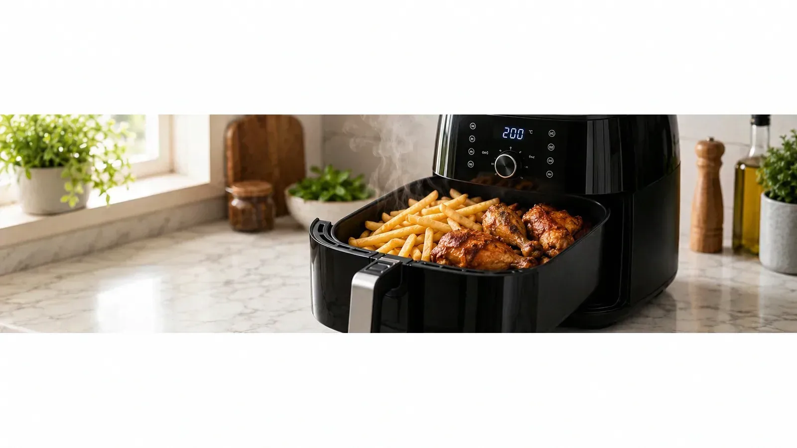 Air fryer aberta sobre bancada de cozinha mostrando batatas fritas douradas e crocantes feitas sem óleo