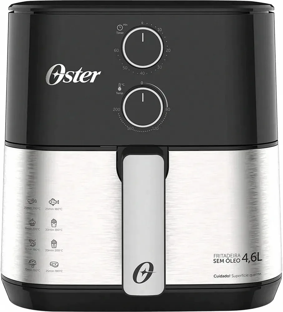 Air fryer Oster OFRT520 preta, modelo compacto de cesto