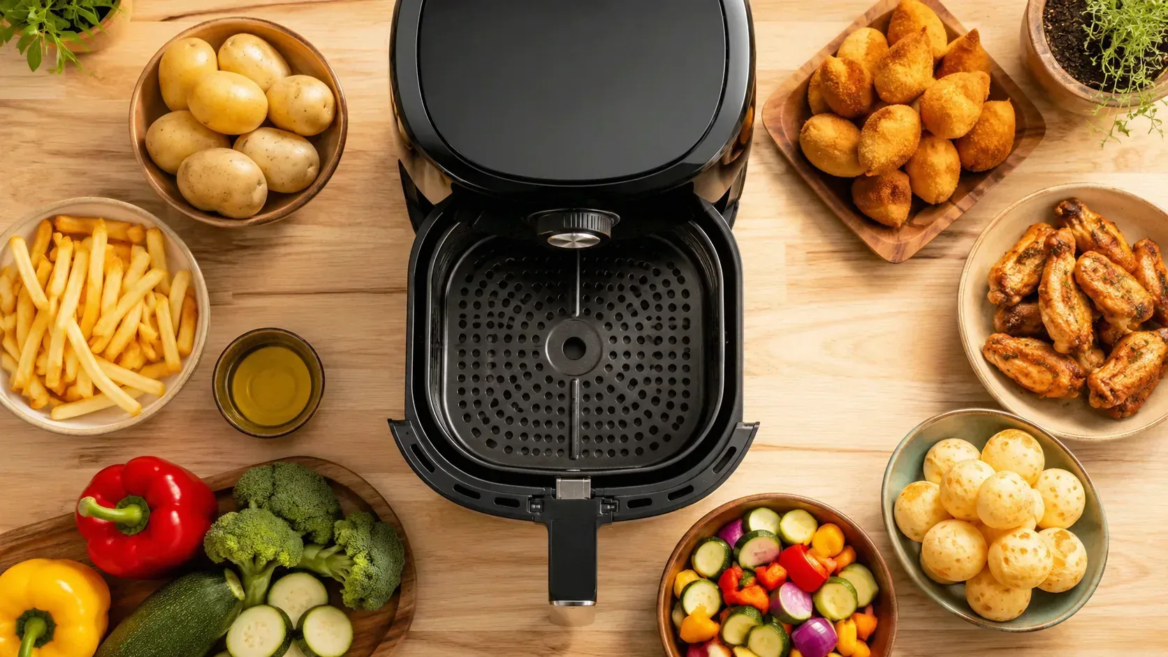 Air fryer aberta com alimentos, ilustrando o que pode e o que não pode colocar dentro