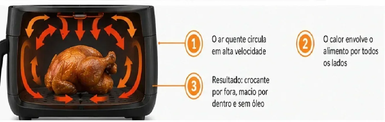 Air fryer aberta com cesto, ilustrando o uso de papel alumínio