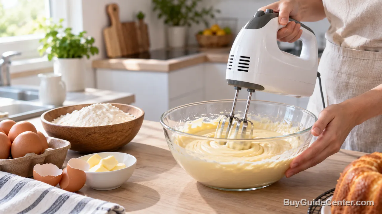 Batedeira de mão batendo massa de bolo em uma tigela na cozinha