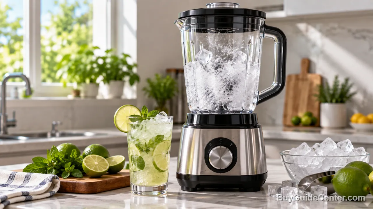 Liquidificador triturando gelo, com cubos de gelo e um drink gelado ao lado