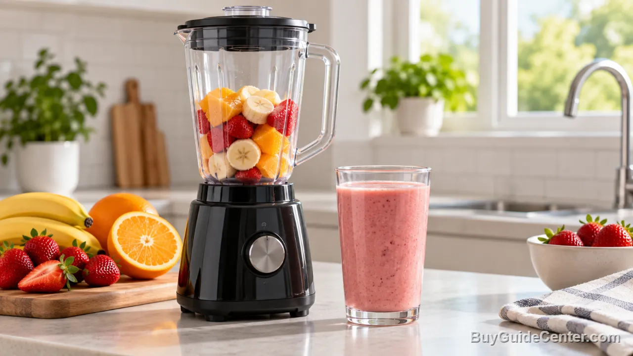 Liquidificador simples e eficiente sobre a bancada com uma vitamina de frutas