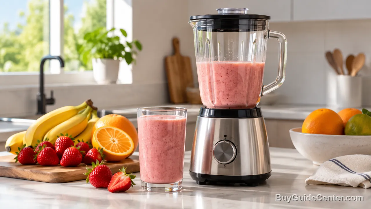Liquidificador sobre a bancada da cozinha ao lado de frutas e uma vitamina