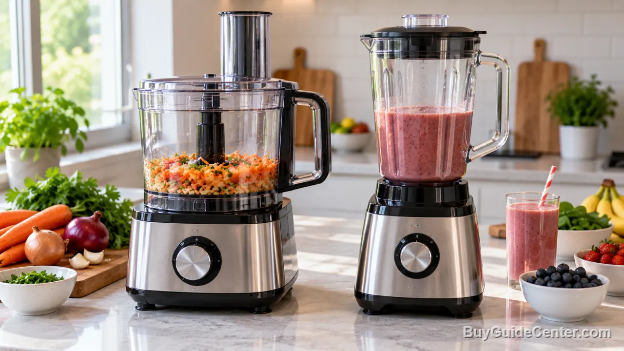 Processador de alimentos e liquidificador lado a lado na bancada da cozinha