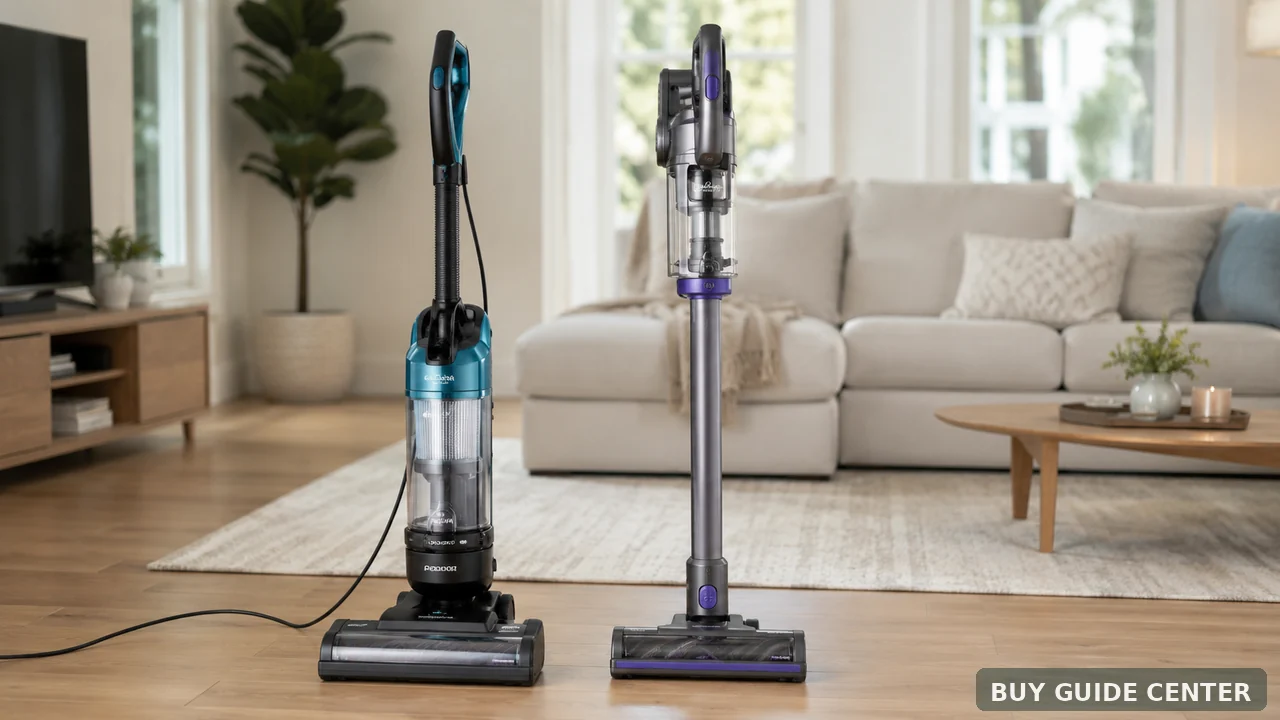 Aspirador de pó vertical com fio e sem fio lado a lado em uma sala