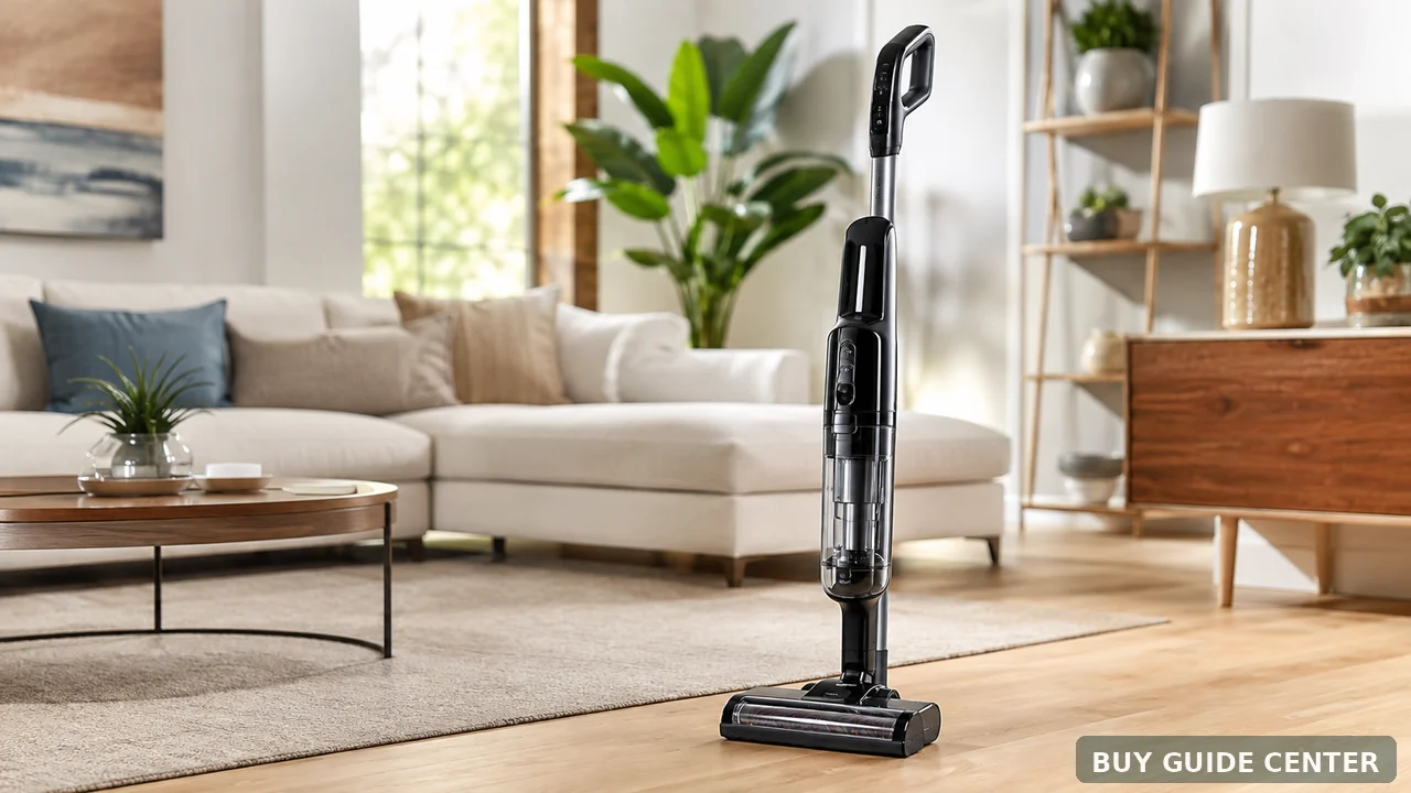 Aspirador vertical apoiado na sala, pronto para usar