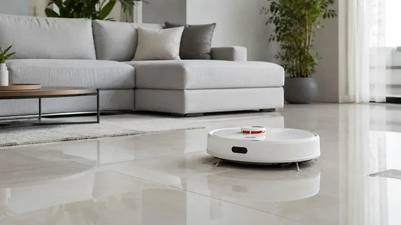 Robô aspirador em funcionamento na sala com o app aberto no celular