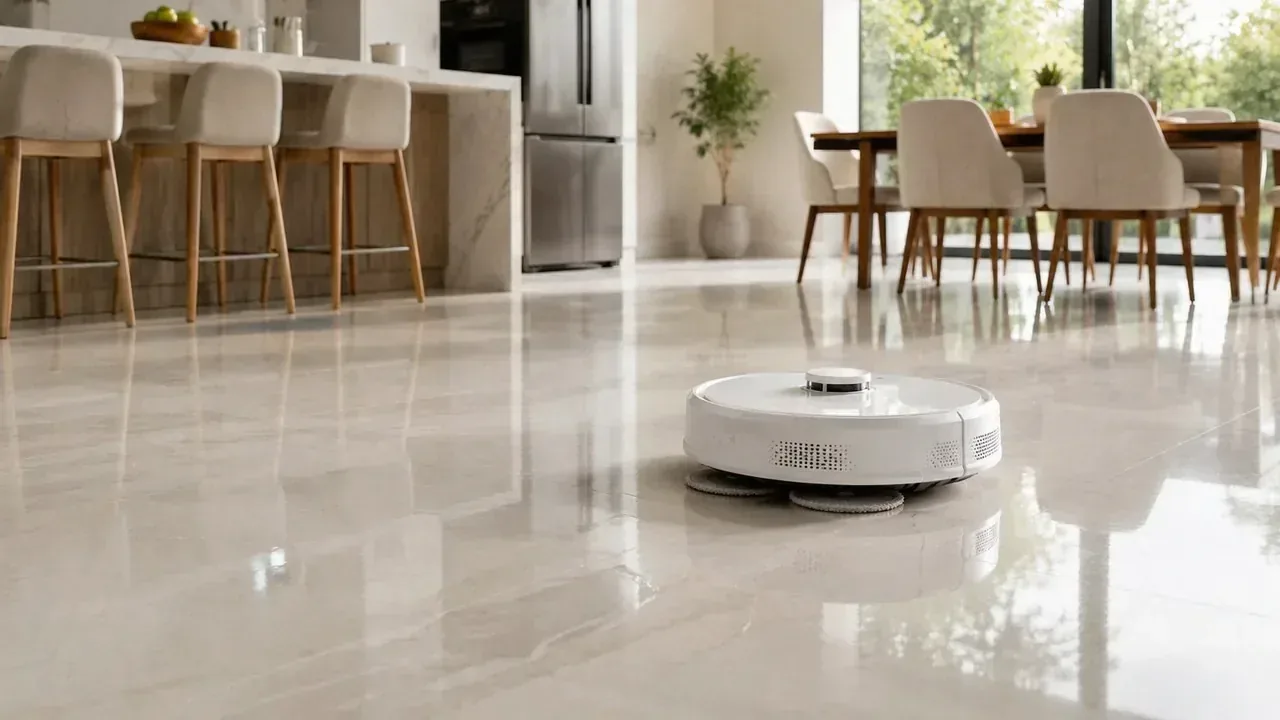 Robô aspirador que passa pano limpando o piso de porcelanato