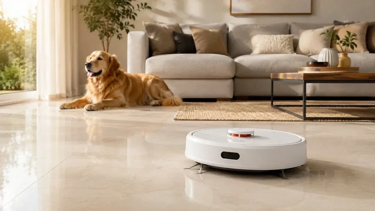 Robô aspirador funciona em tapete com um cachorro ao fundo