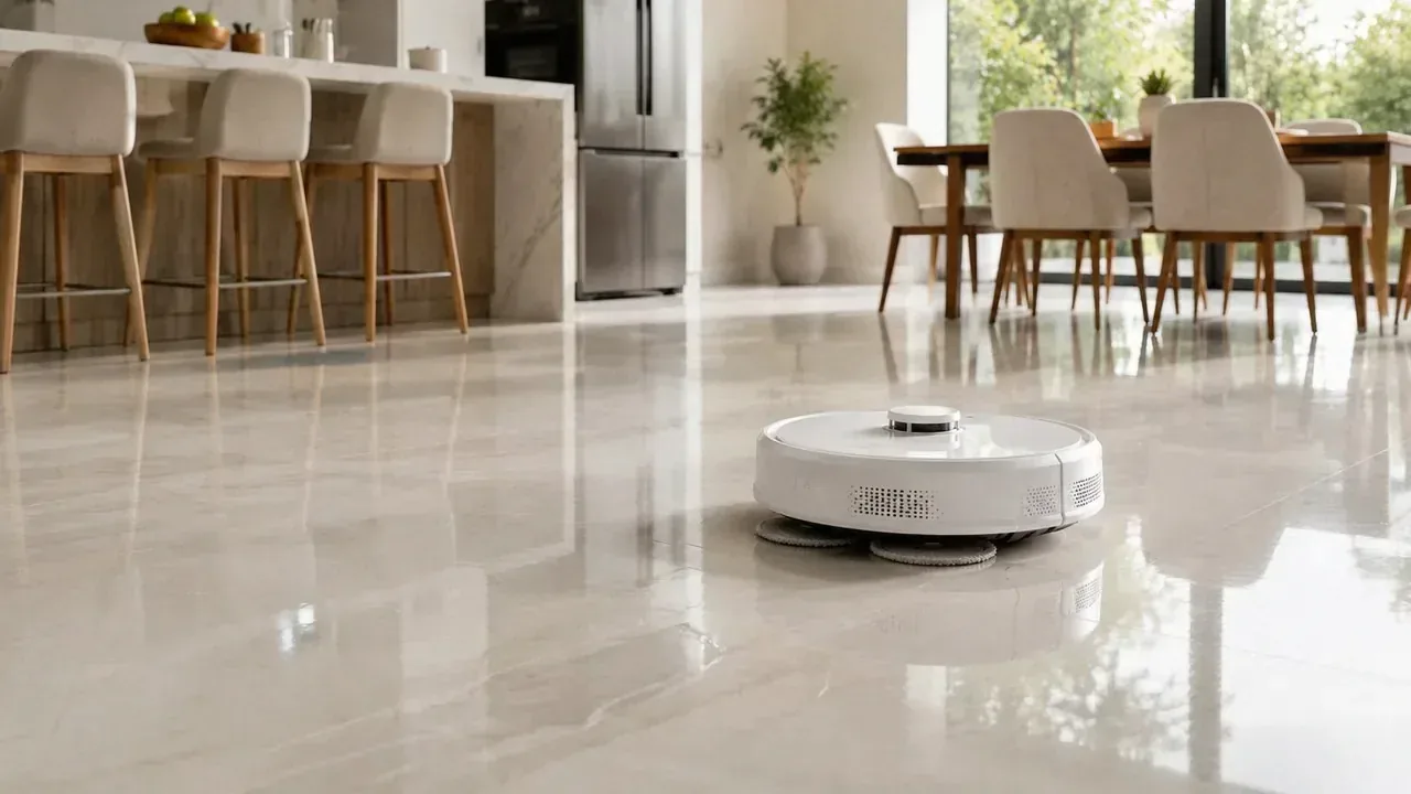 Robô aspirador carregando na base ao lado de uma tomada