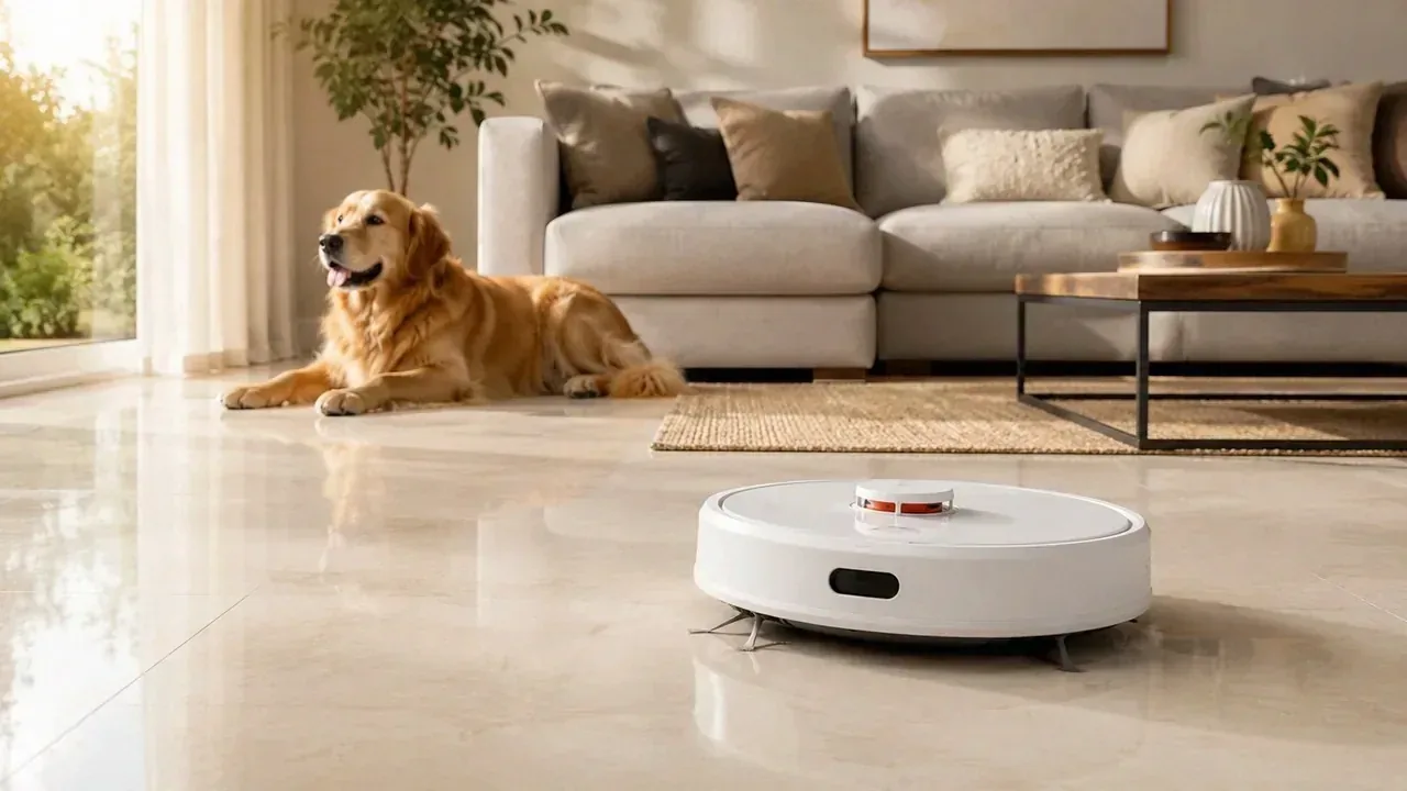 Robô aspirador vale a pena limpando o chão de uma sala com sofá