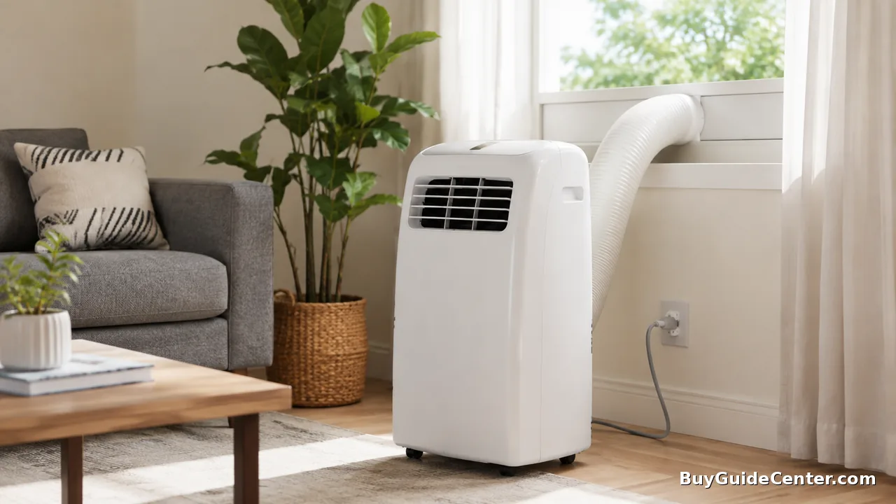 Ar-condicionado portátil ligado ao lado de uma tomada, com medidor de energia