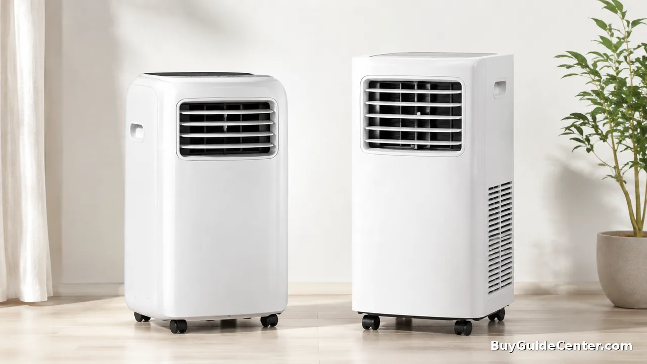 Ar-condicionado portátil em um quarto, com a mangueira de exaustão na janela
